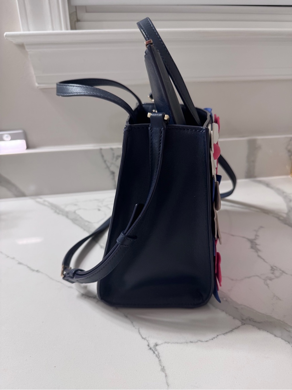 kate spade navy tote with pink, blue, white and taupe floral appliqués - Picture 3 of 6